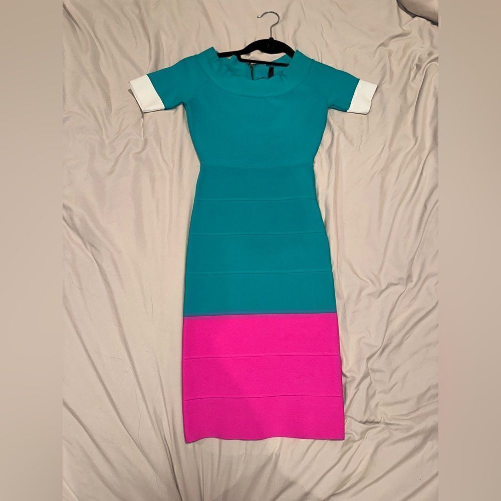 Teal white and pink bandage dress BCBG MAXAZRIA XXS